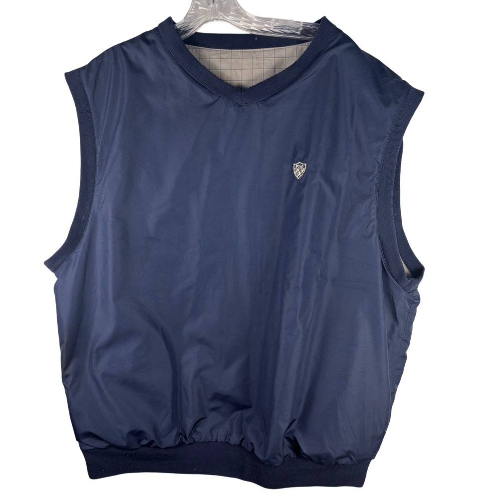 Polo Ralph Lauren Reversible Golf Vest Mens Navy Blue Plaid V-Neck Windbreaker